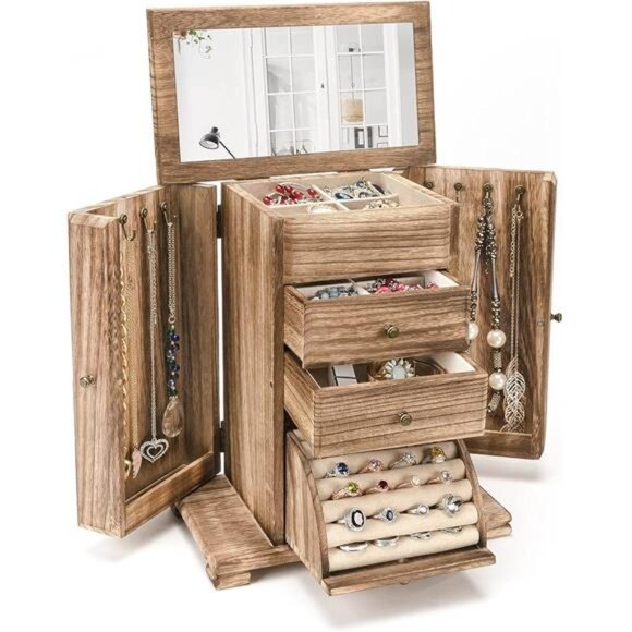 Jewelry Box for Women, Rustic Wooden Jewelry Boxes & Organizers with Mirror